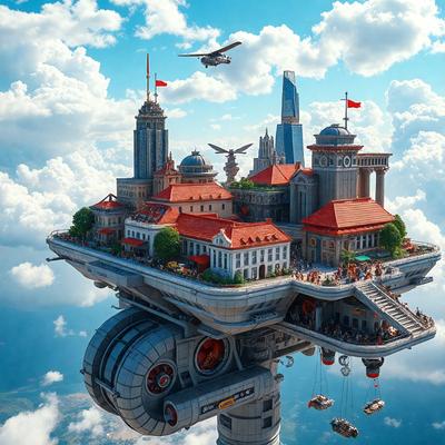 The primary subject of the image is a large, intricate model of a city, complete with buildings, a clock tower, and a flying airplane. The setting is a cloudy sky, which adds to the overall atmosphere of the scene. The visual style of the image is a combination of photo and digital art, creating a unique and detailed representation of the city. The colors and mood of the image are predominantly blue and white, giving it a calm and serene appearance.